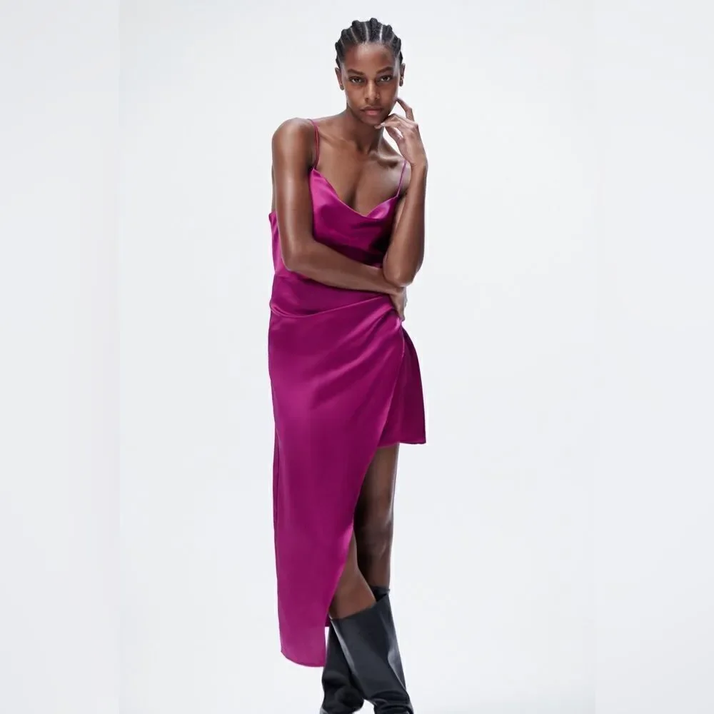 Zara SATIN EFFECT ASYMMETRIC DRESS New - Picture 5 of 12